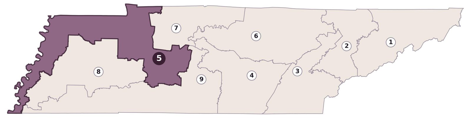 Map of all nine Tennessee congressional districts, with District 5 highlighted from Memphis into Middle Tennessee.