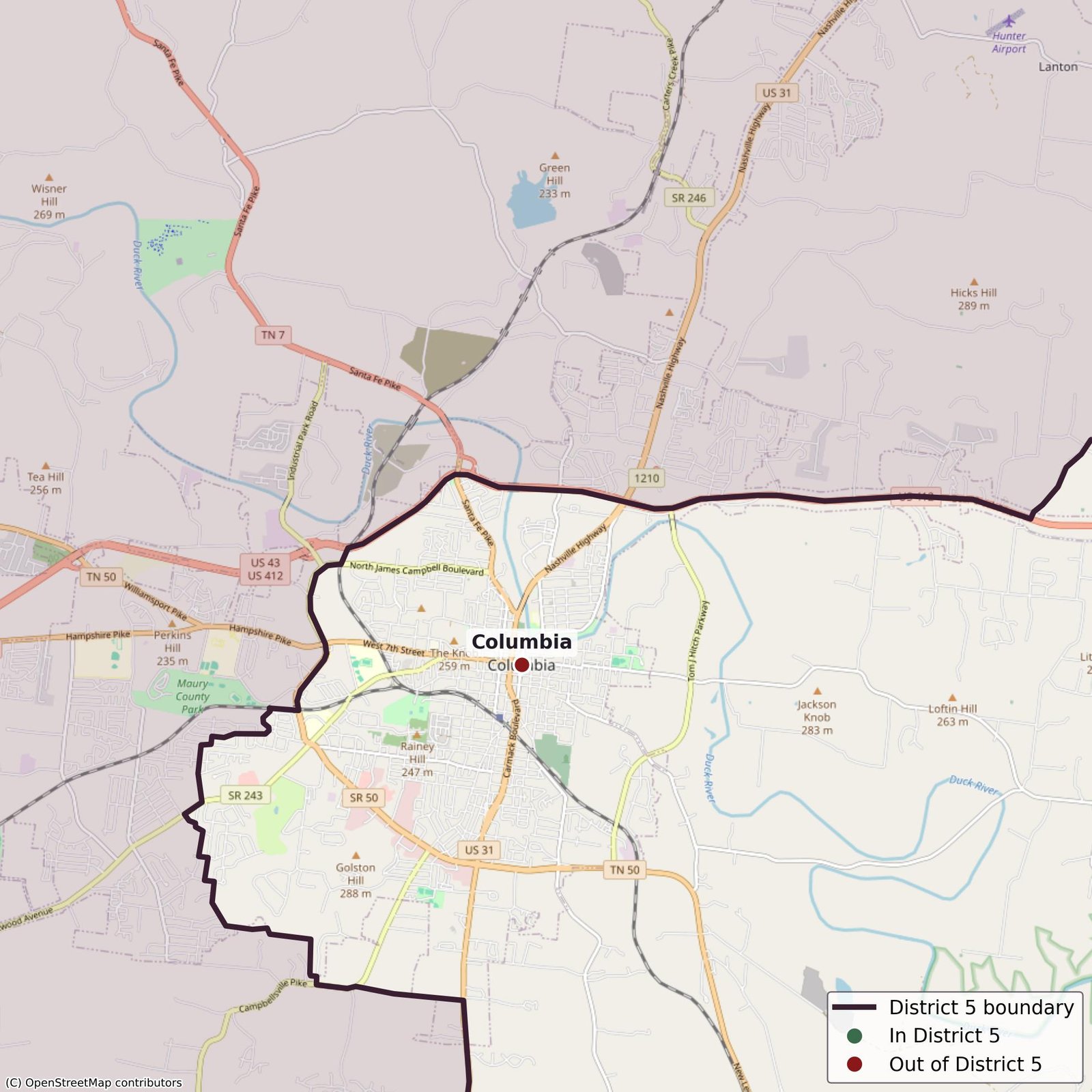 Map of Columbia with the District 5 boundary wrapping around the city to leave it out.
