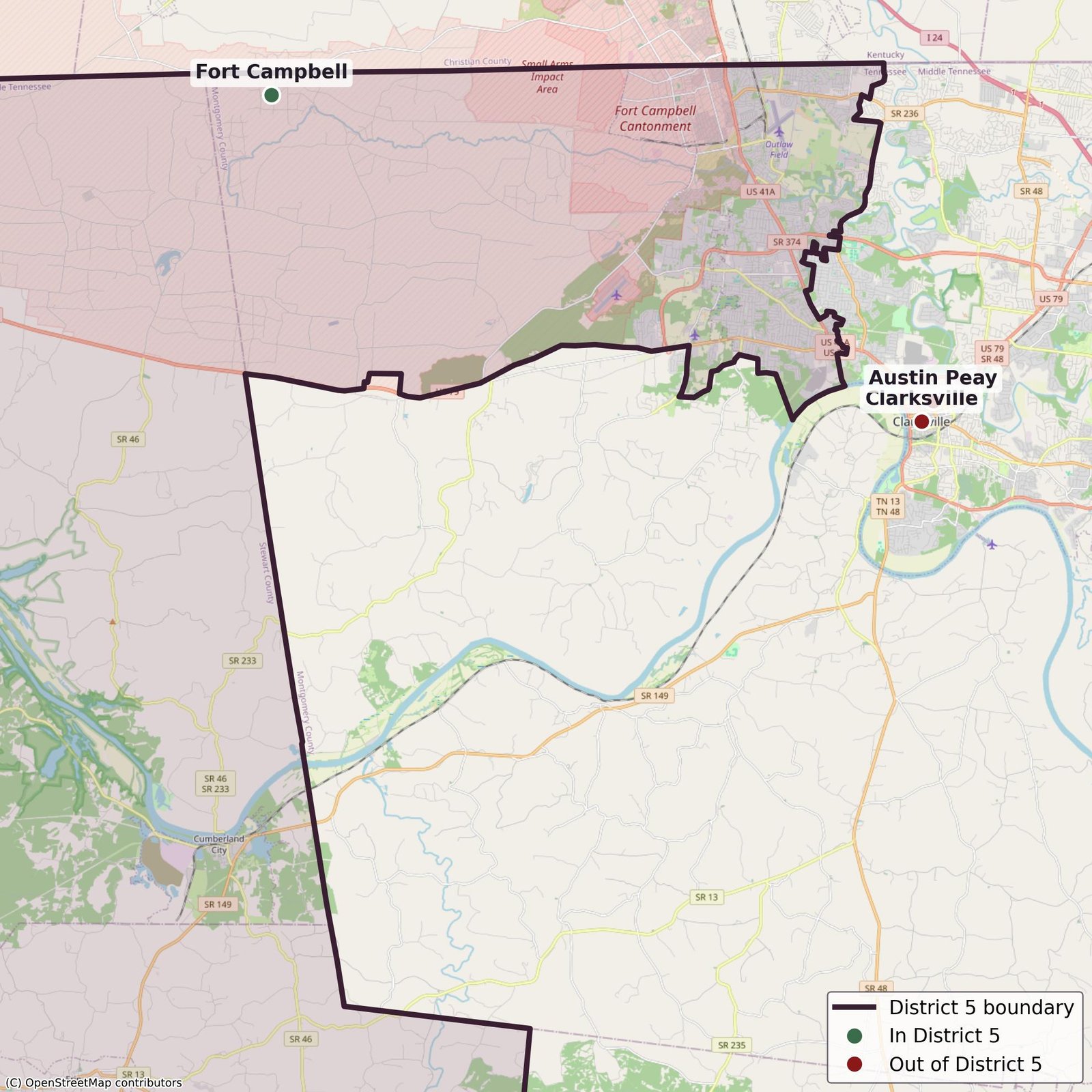 Map of the Montgomery County split: Fort Campbell in District 5, Clarksville out.