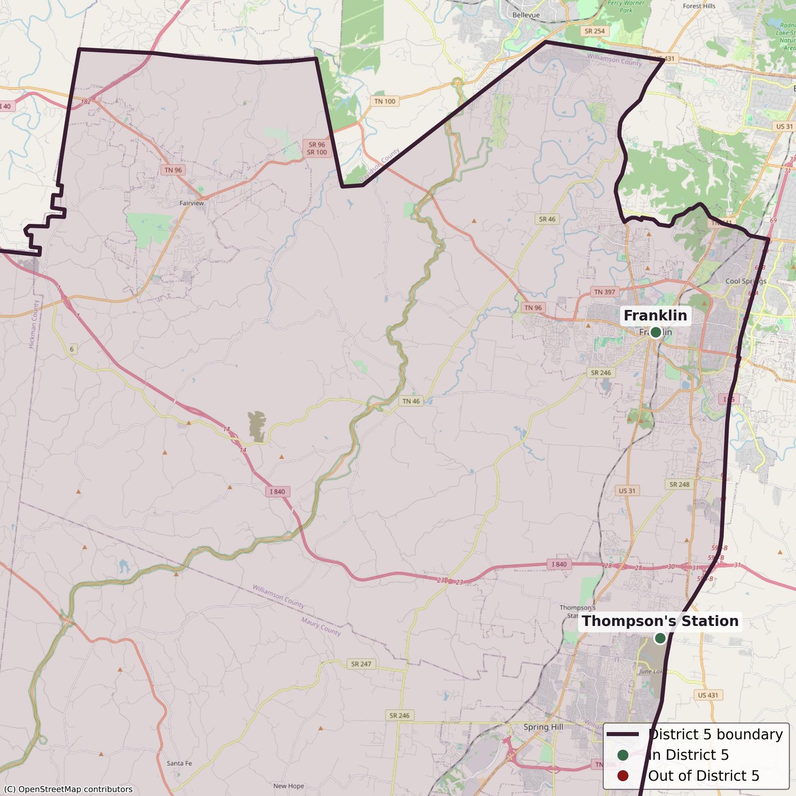 Map of the Williamson County split: Franklin and Thompson's Station in District 5, Brentwood out.